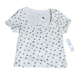 NWT‎ Kirious Floral Off White Short Sleeve Crop Top Size Small Y2K 100% Cotton